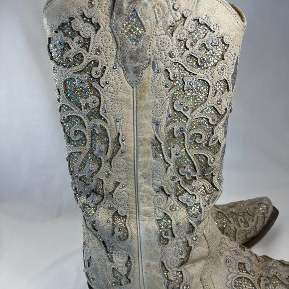 WOMEN'S WHITE GLITTERED INLAY AND CRYSTALS SNIP COWBOY BOOT 9M - Picture 6 of 16